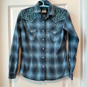 Panhandle Rough Stock Men's Blue Plaid Pearl Snap Embroidered Shirt Sz S Cowboy